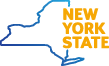 New York State icon with state border in blue and words in yellow