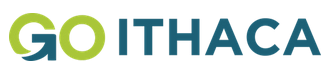 GO ITHACA Logo - green and blue letters with an arrow as part of the G